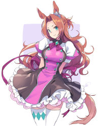 Rule 34 | 1girl, animal ears, arms behind back, braid, breasts, brown hair, character request, commentary request, cowboy shot, crown braid, dress, forehead, green eyes, half updo, highres, horse ears, large breasts, long hair, looking at viewer, matsuda (matsukichi), petticoat, puffy short sleeves, puffy sleeves, short sleeves, smile, solo, standing, thighhighs, umamusume, very long hair, white thighhighs