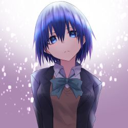 Rule 34 | 1girl, arms behind back, black jacket, blouse, blue eyes, blue hair, bow, bowtie, ciel (tsukihime), closed mouth, collared shirt, commentary request, dande cat, green bow, hair between eyes, head tilt, highres, jacket, looking at viewer, open clothes, open jacket, school uniform, shirt, short hair, solo, tsukihime, tsukihime (remake), uniform, upper body, vest, white shirt, yellow vest