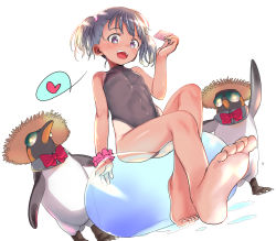 Rule 34 | 1girl, :d, ball, barefoot, beachball, bird, black eyes, black hair, black one-piece swimsuit, borrowed character, breasts, condom, feet, haguhagu (rinjuu circus), hair bobbles, hair ornament, hat, heart, heart-shaped pupils, highleg, highleg swimsuit, highres, holding, holding condom, looking at viewer, one-piece swimsuit, open mouth, original, penguin, pink scrunchie, scrunchie, short hair, short twintails, simple background, sitting, small breasts, smile, soles, solo, spoken heart, straw hat, sunglasses, swimsuit, symbol-shaped pupils, tachibana momoka (bubukka), tan, tanline, twintails, white background, wrist scrunchie