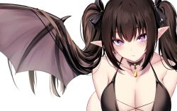 Rule 34 | 1girl, bad id, bad twitter id, bat wings, black choker, black ribbon, breasts, brown hair, choker, cleavage, collarbone, commentary, hair ribbon, highres, large breasts, looking at viewer, original, pointy ears, purple eyes, ribbon, simple background, solo, spider apple, symbol-only commentary, twintails, upper body, white background, wings