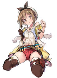 Rule 34 | 1girl, atelier (series), atelier ryza, atelier ryza 1, bare shoulders, belt, blush, boots, bow, breasts, bridal legwear, brown belt, brown eyes, brown footwear, brown hair, buckle, chestnut mouth, collarbone, commentary, detached sleeves, flask, gloves, hair ornament, hairclip, hands up, hayakawa harui, head tilt, jacket, jewelry, leather, leather belt, leather boots, leather gloves, looking at viewer, medium breasts, medium hair, navel, necklace, open clothes, open jacket, pouch, red shorts, reisalin stout, round-bottom flask, shiny skin, short shorts, shorts, simple background, single glove, sitting, sleeveless, sleeveless jacket, solo, star (symbol), star necklace, surprised, surprised arms, thigh boots, thigh pouch, thighhighs, thighs, toeless footwear, vial, wariza, white background, white headwear, white thighhighs, yellow jacket