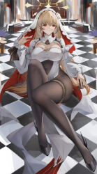 Rule 34 | 1girl, absurdres, azur lane, black footwear, black pantyhose, blonde hair, breasts, checkered floor, cleavage, cleavage cutout, clothing cutout, flantia, full body, highres, indoors, kersaint (azur lane), large breasts, long hair, long sleeves, looking at viewer, lying, pantyhose, pelvic curtain, puffy sleeves, red eyes, shoes, solo, stomach cutout, thigh strap, very long hair, white veil