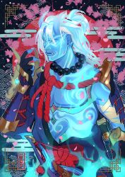 Rule 34 | 1boy, absurdres, aura, bandaged arm, bandages, bare pectorals, bead necklace, beads, blank eyes, blue aura, blue skin, chest tattoo, colored skin, cowboy shot, demon boy, demon horns, fingernails, glowing, glowing eyes, glowing tattoo, hadanugi dousa, hanzo (overwatch), high ponytail, highres, horns, inset border, jewelry, lipeka, long hair, male focus, necklace, official alternate costume, official alternate hairstyle, onryo hanzo, open kimono, overwatch, overwatch 2, pectorals, sharp fingernails, solo, tattoo, toned, toned male, tusks, vambraces