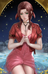 Rule 34 | 1girl, absurdres, aerith gainsborough, belt, between breasts, breasts, brown hair, cleavage, closed mouth, collarbone, collared jacket, commentary, cowboy shot, cropped jacket, dress, english commentary, final fantasy, final fantasy vii, final fantasy vii remake, forehead, green eyes, hair ornament, highres, jacket, large breasts, long bangs, long hair, looking at viewer, mole, mole under eye, open clothes, open jacket, outdoors, own hands together, petals, red dress, red jacket, sherylnome, short sleeves, sitting, smile, solo, thighs, v-shaped eyebrows