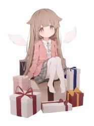 Rule 34 | 1girl, arm support, black ribbon, blush, box, brown eyes, brown hair, closed mouth, collared shirt, commentary, detached wings, dolphro-kun, dress shirt, gift, gift box, grey skirt, hair flaps, highres, jacket, knees up, long hair, long sleeves, mini wings, neck ribbon, no shoes, open clothes, open jacket, original, pantyhose, pink jacket, plaid clothes, plaid skirt, pleated skirt, ribbon, shirt, simple background, sitting, skirt, sleeves past wrists, smile, solo, symbol-only commentary, very long hair, white background, white pantyhose, white shirt, white wings, wings