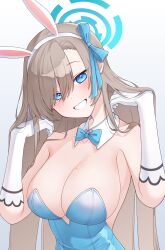 Rule 34 | 1girl, absurdres, animal ears, aqua hair, asuna (blue archive), asuna (bunny) (blue archive), blonde hair, blue archive, blue bow, blue bowtie, blue eyes, blue leotard, bow, bowtie, breasts, cleavage, detached collar, fake animal ears, gloves, hair over one eye, halo, highleg, highleg leotard, highres, large breasts, leotard, long hair, looking at viewer, mole, official alternate costume, playboy bunny, rabbit ears, sitting, solo, strapless, strapless leotard, traditional bowtie, upper body, very long hair, white gloves, yamggu