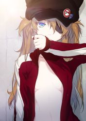 Rule 34 | 1girl, animal ears, animal hat, badge, blue eyes, breasts, brown hair, button badge, cabbie hat, cleavage, colored eyelashes, eyepatch, fake animal ears, hat, jacket, long hair, long sleeves, looking at viewer, neon genesis evangelion, nilitsu, no bra, no shirt, open clothes, open jacket, rebuild of evangelion, simple background, skull print, sleeves past wrists, small breasts, solo, souryuu asuka langley, track jacket, two side up, upper body