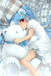 Rule 34 | 1girl, bloomers, blue hair, blush, child, doll, dress, frills, hair ornament, lowres, luthica preventer, luticar, lying, open mouth, pillow, plaid, red eyes, ribbon, snowing, solo, stuffed animal, stuffed toy, sword girls, teddy bear, twintails, underwear, aged down