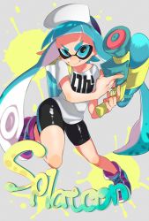 Rule 34 | 1girl, aqua eyes, aqua hair, baseball cap, bike shorts, commentary, container, copyright name, grey background, hat, holding, holding weapon, ink tank (splatoon), inkling, inkling girl, inkling player character, leg up, long hair, looking at viewer, nintendo, paint splatter, pointy ears, sandato, shirt, shoes, short sleeves, single vertical stripe, smile, sneakers, solo, splatoon (series), splatoon 1, splattershot (splatoon), standing, super soaker, t-shirt, tentacle hair, weapon