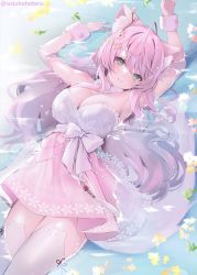 Rule 34 | 1girl, ahoge, animal ear fluff, animal ear legwear, animal ears, armpits, arms up, bare arms, bare shoulders, beads, blush, bow, breasts, cleavage, closed mouth, commentary, cowboy shot, flower, green eyes, hair flower, hair ornament, highres, large breasts, long hair, looking at viewer, lying on water, original, pink hair, pink skirt, scrunchie, shallow water, shirt, sidelocks, skirt, smile, solo, suzuho hotaru, symbol-only commentary, tail, tassel, thighhighs, thighs, twitter username, water, wet, white scrunchie, white shirt, white thighhighs, wrist scrunchie, zettai ryouiki