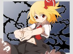 Rule 34 | 1girl, ascot, black skirt, black vest, blonde hair, border, closed mouth, gradient background, grey background, hair ribbon, highres, looking at viewer, navel, own hands together, red ascot, red eyes, red ribbon, ribbon, rumia, shinmon akika, shirt, short hair, short sleeves, skirt, smile, solo, touhou, vest, white border, white shirt