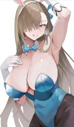 Rule 34 | 1girl, absurdres, animal ears, arm up, armpits, asuna (blue archive), asuna (bunny) (blue archive), bare shoulders, black pantyhose, blue archive, blue bow, blue bowtie, blue eyes, blue leotard, blue ribbon, bow, bowtie, breasts, cleavage, commentary request, detached collar, elbow gloves, fake animal ears, gloves, hair ribbon, hairband, hand on own chest, hand up, highres, huge breasts, leotard, light brown hair, looking at viewer, mole, mole on breast, pantyhose, playboy bunny, rabbit ears, ribbon, shiny skin, simple background, solo, steaming body, strapless, strapless leotard, sweat, traditional bowtie, white background, white hairband, yoyo (550098)
