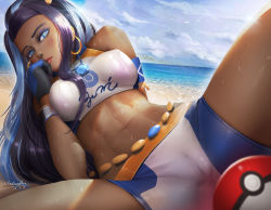 Rule 34 | 1girl, arm behind back, arm support, armlet, bare shoulders, beach, belly chain, bikini, blue eyes, blue eyeshadow, blue hair, blue pupils, breasts, cameltoe, cleft of venus, covered erect nipples, creatures (company), dark-skinned female, dark skin, dated, day, earrings, eyelashes, eyeshadow, game freak, gloves, gym leader, hand to own mouth, hand up, highres, hoop earrings, jewelry, knee up, leaning back, lips, looking at viewer, makeup, medium breasts, multicolored eyes, multicolored hair, navel, nessa (pokemon), nintendo, ocean, orange eyes, outdoors, parted lips, pendant, poke ball, poke ball (basic), pokemon, pokemon swsh, purple hair, ringed eyes, sidelocks, signature, solo, sportswear, spread legs, stomach, sweat, swept bangs, swimsuit, tankini, toned, turewindwalker, two-tone hair, wet, wet clothes
