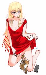 Rule 34 | 1girl, bare legs, barefoot, blonde hair, blush, breasts, cat, cellphone, cleavage, closed mouth, clothes lift, contrapposto, dress, dress lift, highres, kneeling, large breasts, long hair, original, phone, red dress, ryusei hashida, simple background, smartphone, solo, white background
