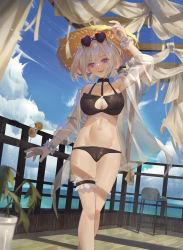 Rule 34 | 1girl, absurdres, arm up, azur lane, bikini, black bikini, blue sky, blush, breasts, chair, cirilla lin, cleavage, cloud, cocktail, cocktail glass, collarbone, cup, day, drinking glass, eyewear on head, food, hair between eyes, hair ornament, hat, heart, heart-shaped eyewear, highres, large breasts, looking at viewer, navel, o-ring, o-ring top, ocean, open mouth, outdoors, red eyes, scenery, scrunchie, short hair, sirius (azur lane), sirius (scorching-hot seirios) (azur lane), sky, smile, solo, straw hat, sunglasses, sunglasses on head, swimsuit, water, white hair