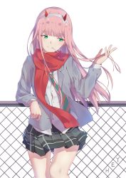 Rule 34 | 10s, 1girl, blazer, blouse, blunt bangs, candy, cowboy shot, darling in the franxx, dress shirt, floating hair, food, green eyes, green necktie, grey blazer, grey hairband, grey skirt, hairband, head tilt, holding, holding own hair, horns, jacket, legs together, lollipop, long hair, miniskirt, necktie, open clothes, open jacket, pink hair, pleated skirt, pocket, red necktie, red scarf, scarf, school uniform, shirt, skirt, solo, standing, striped necktie, white background, white shirt, yeh (354162698), zero two (darling in the franxx)