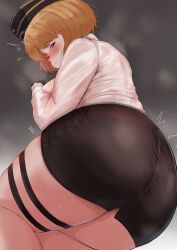 Rule 34 | 1girl, ^^^, absurdres, ass, ass focus, black gloves, black hat, blonde hair, blush, breasts, closed mouth, commentary, from behind, garrison cap, girls&#039; frontline, gloves, grey background, half-closed eyes, hat, highres, k-yuuta1133, large breasts, long sleeves, looking at viewer, looking back, military hat, mp40 (girls&#039; frontline), pencil skirt, red eyes, shirt, short hair, simple background, skindentation, skirt, solo, steaming body, sweat, thigh strap, white shirt
