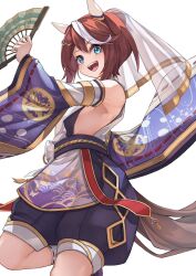 Rule 34 | 1girl, animal ears, bare shoulders, blue eyes, blush, breasts, brown hair, commentary request, cowboy shot, detached sleeves, ear covers, ear ornament, hair between eyes, hand fan, highres, holding, holding fan, horse ears, horse girl, iam (tetsu0ekaki), jewelry, long sleeves, looking at viewer, multicolored hair, necklace, official alternate costume, official alternate hairstyle, open mouth, ponytail, shirt, short hair, sideless shirt, simple background, sleeveless, sleeveless shirt, small breasts, smile, solo, streaked hair, tokai teio (dream butterfly of purple clouds) (umamusume), tokai teio (umamusume), umamusume, veil, white background, white hair, white shirt, wide sleeves