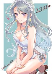 Rule 34 | 1girl, absurdres, anchor ornament, asymmetrical bangs, casual one-piece swimsuit, choker, earrings, flower, food-themed earrings, food themed earrings, frilled one-piece swimsuit, frills, grey hair, hair flower, hair ornament, hairband, highleg, highleg swimsuit, highres, jewelry, kantai collection, kneeling, lemon earrings, long hair, official alternate costume, one-hour drawing challenge, one-piece swimsuit, purple eyes, sagiri (kancolle), sandals, shiomugi (shio mugi1107), side-tie swimsuit, solo, swept bangs, swimsuit, twitter username, white choker, white one-piece swimsuit