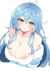 Rule 34 | 1girl, absurdres, ahoge, areola slip, black socks, blue hair, blue jacket, blush, breasts, camisole, cleavage, cropped torso, crossed bangs, double-parted bangs, fur-trimmed jacket, fur trim, hair between eyes, heart, heart ahoge, highres, hololive, jacket, large areolae, large breasts, long hair, looking at viewer, messy hair, multicolored hair, off shoulder, official alternate costume, official alternate hairstyle, paid reward available, parted lips, partially unzipped, sleepwear, socks, solo, streaked hair, striped clothes, striped jacket, upper body, v arms, very long hair, virtual youtuber, white camisole, yamada naoko (kodamayanao), yellow eyes, yukihana lamy, yukihana lamy (loungewear)
