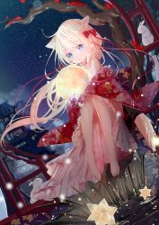 Rule 34 | 1girl, absurdres, animal ear fluff, animal ears, bare tree, barefoot, blonde hair, blue eyes, blush, bow, closed mouth, floating hair, flower, fox ears, frilled kimono, frills, hair bow, highres, japanese clothes, kimono, long hair, long sleeves, looking at viewer, night, night sky, original, peas (peas0125), red bow, red flower, red kimono, sitting, sky, sleeves past fingers, sleeves past wrists, solo, star (sky), starry sky, tail, tree, very long hair