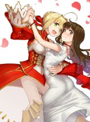 Rule 34 | 10s, 2girls, ahoge, ass, aya shachou, blonde hair, blush, breasts, brown eyes, brown hair, buttons, choker, dress, epaulettes, fate/extella, fate/extra, fate (series), green eyes, holding hands, hand on another&#039;s hip, highres, kishinami hakuno (female), long hair, looking at viewer, multiple girls, nero claudius (fate), nero claudius (fate), nero claudius (fate/extra), open mouth, petals, red dress, see-through, smile, white dress, yuri