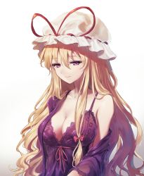 Rule 34 | 1girl, alternate costume, banned artist, bare shoulders, blonde hair, breasts, commentary request, gradient background, grey background, hair between eyes, hat, hat ribbon, large breasts, lingerie, looking at viewer, minust, mob cap, off shoulder, purple eyes, red ribbon, ribbon, smile, solo, touhou, underwear, upper body, white background, white hat, yakumo yukari