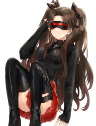 Rule 34 | 1girl, absurdres, artist name, ass, black footwear, black gloves, black ribbon, black thighhighs, blush, boots, breasts, brown hair, commentary, corset, cross print, fate/extra, fate/extra record, fate (series), feet out of frame, fingerless gloves, gloves, hair ribbon, hand in own hair, hand up, highres, kanniiepan, knees up, long hair, long sleeves, looking at viewer, official alternate costume, parted bangs, parted lips, pleated skirt, red-tinted eyewear, red skirt, ribbon, simple background, skirt, solo, thigh boots, thigh strap, thighhighs, tinted eyewear, tohsaka rin, two side up, very long hair, visor, watermark, white background