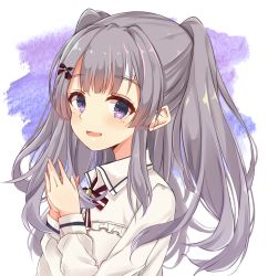 Rule 34 | 1girl, :d, amidada, blush, bow, brown hair, collared shirt, fingernails, frilled shirt, frills, hands up, highres, idolmaster, idolmaster shiny colors, long hair, long sleeves, looking at viewer, open mouth, own hands together, purple eyes, red bow, shirt, smile, solo, striped, striped bow, two side up, upper body, very long hair, white background, white shirt, yukoku kiriko