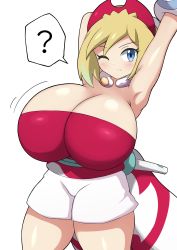 Rule 34 | 1girl, alternate breast size, arm wrap, armpits, blonde hair, blue eyes, breasts, cleavage, clothes pull, creatures (company), game freak, hairband, highres, huge breasts, irida (pokemon), jaga334, jewelry, motion lines, neck ring, nintendo, pokemon, pokemon legends: arceus, red hairband, red shirt, shirt, shirt pull, shorts, solo, standing, strapless, strapless shirt, sweat, thighs, waist cape, white shorts