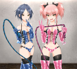 Rule 34 | blue hair, bondage outfit, boots, breasts, bustier, cleavage, dominatrix, earrings, fang, gloves, hayami kanade, idolmaster, idolmaster cinderella girls, jewelry, jougasaki mika, necklace, nm (tshell2761), pink hair, shiny clothes, teeth, thigh boots, thighhighs, whip, yellow eyes