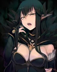 Rule 34 | 1girl, adjusting hair, angry, bare shoulders, black hair, breasts, cleavage cutout, clothing cutout, detached sleeves, fate/apocrypha, fate (series), highres, long hair, medium breasts, open mouth, pointy ears, semiramis (fate), slit pupils, solo, upper body, uvula, walzrj, yellow eyes
