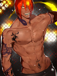 Rule 34 | 1boy, abs, ashwatthama (fate), bara, dark-skinned male, dark skin, fate/grand order, fate (series), gloves, highres, large pectorals, long hair, looking at viewer, male focus, mature male, muscular, muscular male, navel, nipples, open mouth, pectorals, red hair, semi finalfight, smile, solo, tattoo, teeth, topless male, yellow eyes