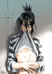 Rule 34 | 1boy, androgynous, bad id, bad pixiv id, black hair, clothes lift, evil grin, evil smile, facial mark, folded ponytail, grin, hair between eyes, half updo, indesign, long hair, male focus, one-punch man, onsoku no sonic, prison clothes, purple eyes, scar, shirt, shirt lift, smile, smirk, solo, striped clothes, striped shirt, teeth, toned, upper body