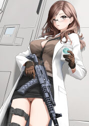 Rule 34 | 1girl, assault rifle, between breasts, black skirt, blush, breasts, brown eyes, brown gloves, brown hair, brown shirt, coat, commentary request, commission, cup, gibun (sozoshu), glasses, gloves, gun, highres, holding, holding cup, holding gun, holding weapon, holster, lab coat, long hair, long sleeves, looking at viewer, medium breasts, open mouth, original, panties, pantyshot, pink panties, pixiv commission, rifle, round eyewear, shirt, skirt, solo, standing, starbucks, strap between breasts, tachi-e, thigh holster, thighs, trigger discipline, underwear, weapon, white coat