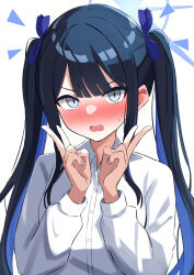 Rule 34 | 1girl, alternate costume, alternate hairstyle, amenocchi, black hair, blue archive, blush, bow, collared shirt, colored inner hair, commentary request, double v, embarrassed, grey eyes, hair between eyes, hair bow, hair ribbon, halo, highres, long hair, long sleeves, looking at viewer, multicolored hair, ribbon, saori (blue archive), shirt, sidelocks, simple background, solo, twintails, two-tone hair, v, white background, white shirt