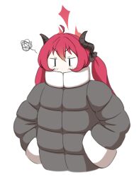 Rule 34 | 1girl, ahoge, blue archive, blush, coat, cropped torso, grey coat, halo, hands in pockets, horns, hr.r, jitome, junko (blue archive), long hair, long sleeves, red hair, simple background, solo, squiggle, twintails, upper body, v-shaped eyebrows, white background, winter clothes, winter coat, | |