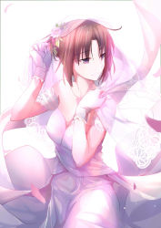 Rule 34 | 1girl, bare shoulders, blue eyes, blush, breasts, bride, brown hair, cleavage, collarbone, dress, flower, gloves, hair ornament, hair up, highres, holding, kara no kyoukai, lace, lace-trimmed dress, lace-trimmed gloves, lace trim, light particles, looking away, medium breasts, off-shoulder dress, off shoulder, petals, pin.s, purple eyes, ryougi shiki, see-through, short hair, smile, solo, veil, wedding dress, white dress, white gloves, wind, wind lift