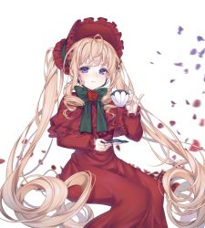 Rule 34 | 1girl, absurdly long hair, absurdres, ahoge, bad id, bad twitter id, blonde hair, blue eyes, cup, dress, floating hair, highres, holding, holding cup, invisible chair, lolita fashion, long dress, long hair, long sleeves, looking at viewer, red dress, reel (riru), rozen maiden, saucer, shinku, simple background, sitting, solo, very long hair, white background