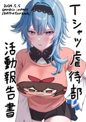 Rule 34 | 1girl, amber (genshin impact), black gloves, black hairband, blue hair, blush, breasts, character print, cowboy shot, eula (genshin impact), genshin impact, gloves, hairband, hand on own hip, high-waist shorts, highres, large breasts, leaning forward, long sleeves, medium hair, mochi mochi052, open mouth, pink shirt, purple eyes, shirt, shorts, solo, white background, white sleeves, wide sleeves