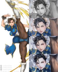 Rule 34 | 1girl, artist name, ass, black hair, boots, bracelet, breasts, brown eyes, brown hair, bun cover, cameltoe, capcom, china dress, chinese clothes, chun-li, commentary request, cross-laced footwear, double bun, dress, earrings, gold trim, hair bun, hair ornament, highres, jewelry, kicking, knee boots, lace-up boots, leg lift, leg up, leotard, leotard under clothes, lips, makeup, medium breasts, multiple views, pantyhose, parted lips, pelvic curtain, puffy short sleeves, puffy sleeves, shiny clothes, short sleeves, signature, simple background, smile, solo, spiked bracelet, spikes, street fighter, street fighter v, thigh gap, twitter username, upper body, view between legs, wandzardeen, watermark, white background, white footwear