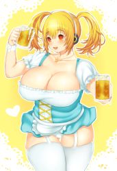 Rule 34 | 1girl, alcohol, apron, bad id, bad pixiv id, beer, beer mug, blonde hair, blush, bodice, breasts, bursting breasts, cleavage, cowboy shot, cup, curvy, dirndl, dress, garter straps, german clothes, headphones, holding, huge breasts, jewelry, large breasts, miniskirt, mug, necklace, nitroplus, oktoberfest, open mouth, orange eyes, panties, pantyshot, pendant, plump, po. (medamaoyazi), short hair, short sleeves, skindentation, skirt, smile, solo, standing, super pochaco, sweat, thick thighs, thigh gap, thighhighs, thighs, twintails, underbust, underwear, white panties, wide hips, yellow background