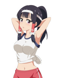 Rule 34 | 1girl, alternate costume, alternate hairstyle, armpits, arms behind head, arms up, black hair, breasts, cato (monocatienus), commentary request, hair tubes, hakurei reimu, headband, highres, impossible clothes, impossible shirt, long sleeves, looking at viewer, medium breasts, midriff, navel, open mouth, pink eyes, ponytail, shirt, simple background, sleeveless, sleeveless shirt, solo, tied shirt, touhou, white background, white shirt