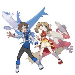 Rule 34 | 1boy, 1girl, boots, brendan (pokemon), brendan (sygna suit) (pokemon), brown hair, clenched hands, closed mouth, commentary, creatures (company), eyelashes, frown, game freak, gen 3 pokemon, grey eyes, hyo oppa, jacket, knees, latias, latios, legendary pokemon, lower teeth only, may (pokemon), may (sygna suit) (pokemon), nintendo, official alternate costume, open mouth, pants, pokemon, pokemon (creature), pokemon masters ex, red footwear, shoes, short hair, simple background, skirt, teeth, tongue, twintails, white background, white jacket