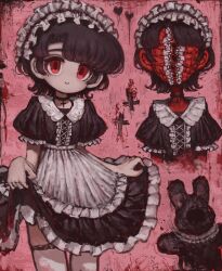 1girl alternate_form apron black_choker black_dress black_hair center_frills choker closed_mouth commentary_request cross cross-laced_clothes cross_choker curtained_hair dated_commentary dress frilled_apron frilled_dress frilled_sleeves frills gestart333 gothic_lolita heart highres horror_(theme) jewelry latin_cross lolita_fashion looking_at_viewer maid maid_apron maid_headdress original parted_bangs puffy_short_sleeves puffy_sleeves red_eyes short_hair short_sleeves skirt_hold smile stuffed_animal stuffed_rabbit stuffed_toy thighlet white_apron