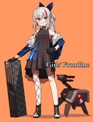 Rule 34 | 1girl, amonitto, asymmetrical legwear, black dress, black gloves, blue eyes, commentary request, dinergate (girls&#039; frontline), dress, earrings, fishnet legwear, fishnets, girls&#039; frontline, gloves, grin, hair ribbon, hetero, jewelry, long hair, looking at viewer, mdr (cocktail observer) (girls&#039; frontline), mdr (girls&#039; frontline), nail polish, off shoulder, official alternate costume, ponytail, red eyes, ribbon, silver hair, smile, solo, uneven legwear, weapon case