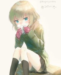 Rule 34 | 1girl, bad id, bad twitter id, black skirt, black socks, blonde hair, blue eyes, brown scarf, brown shorts, commentary, cup, dated, drinking, girls und panzer, gloves, green jacket, holding, holding cup, jacket, katyusha (girls und panzer), leaning forward, long sleeves, looking at viewer, macho ojiji, miniskirt, one-hour drawing challenge, pleated skirt, pravda school uniform, red gloves, scarf, school uniform, short hair, shorts, shorts under skirt, sitting, skirt, snowman print, socks, solo, steam, twitter username, winter clothes