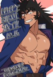 Rule 34 | 1boy, abs, arm behind back, bara, belt, black eyes, black hair, blush, collared jacket, happy birthday, jacket, large pectorals, long hair, long sideburns, looking at viewer, male focus, manly, muscular, muscular male, navel, nipples, original, pants, pectorals, sideburns, smile, solo, sugo6969, text focus, thick eyebrows, topless male, upper body