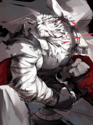 Rule 34 | 1boy, animal ears, arknights, bara, black tank top, clenched hands, clenched teeth, enn matien, eye trail, feet out of frame, fighting stance, fingerless gloves, furry, furry male, gloves, highres, jacket, jacket on shoulders, large pectorals, light trail, male focus, mountain (arknights), multicolored hair, muscular, muscular male, pants, pectorals, scar, scar across eye, scar on face, serious, short hair, sidepec, solo, spikes, standing, streaked hair, tank top, teeth, tiger boy, tiger ears, tiger stripes, unfinished, white fur, white hair, white pants, wind