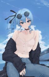 Rule 34 | 1girl, absurdres, bare shoulders, black choker, black jacket, black ribbon, blue eyes, blue hair, blue sky, breasts, choker, cloud, collarbone, contrail, crop top, denim, eyewear on head, feint721, hair ribbon, highres, hololive, hoshimachi suisei, jacket, jacket partially removed, jeans, light smile, looking at viewer, midriff, navel, outdoors, pants, ribbon, side ponytail, sidelocks, signature, sitting, sky, small breasts, solo, stomach, sunglasses, virtual youtuber, wavy hair
